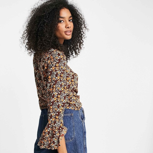 NWT ASOS Y.A.S. Olima floral print flared sleeve top in brown peplum sleeve M - Picture 1 of 11